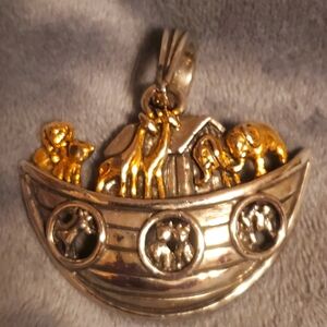 Vintage Noah's Ark Silver Tone Pendant 2” With Large Bail And Clip-on earrings.